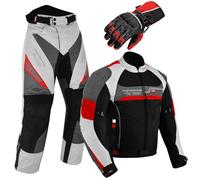 Fully Protective Motorbike Suit With Gloves Waterproof 2 Piece Full Suit in Cordura Fabric and CE Approved Armours - Jacket+Trouser+Glove All Season (Red, 2XL - 44 Chest / 38 Waist + Free Gloves)