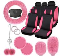Fulmoon 17 Pcs Car Seat Cover Full Set for Women Universal Fit Car Front Rear Fluffy Steering Wheel Fleece Handbrake Shift Covers Hanging Accessory Holder Ring Emblem(Pink Black)