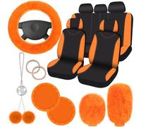 Fulmoon 17 Pcs Car Seat Cover Full Set for Women Universal Fit Car Front Rear Fluffy Steering Wheel Fleece Handbrake Shift Covers Hanging Accessory Holder Ring Emblem(Orange)