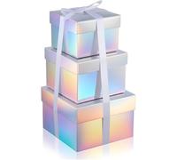 Fulmoon 3 Pack Holographic Silver Square Nesting Gift Boxes with Lids Set Assorted Sizes 7in 6in 5in with Ribbon for Wedding Christmas Birthday Presents Keepsake