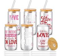 Fulmoon 6 Pcs Valentine's Day Christian Drinking Glasses with Lids and Straws 16 oz Religious Love Cups Valentine Bible Party Decoration Glasses for Church School Classroom Sunday Party House Decor