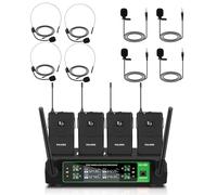 FULODE UG-550 Wireless Lapel Microphone, 4 Channel Professional UHF Wireless Microphone System with 4 Lavalier 4 Headset Mics for Singing Meeting Church Event TV Speaker (4 Bodypack, 200ft Range)