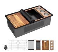 Fulorni 30"x19" Undermount Black Kitchen Sink - Matte Black NANO-PVD, 16 Gauge 304 Stainless Steel, Ledge Workstation Under Counter Round Corners Single Bowl Basin