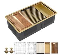 Fulorni 36"x19" Undermount Double Bowl Kitchen Sink Workstation - Brushed Gold NANO-PVD, 16 Gauge 304 Stainless Steel, Under Counter Low Divide 60/40 Split Basin for Kitchen