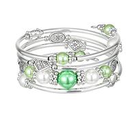 FULU AUTUMN Silver Bangle Pearl Stacking Bracelets Boho Handmade Wrap Bracelet Fashion Jewellery Gift for Women(18-Green)