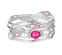 FULU AUTUMN Silver Bangle Pearl Stacking Bracelets Boho Handmade Wrap Bracelet Fashion Jewellery Gift for Women(18-Hot pink)