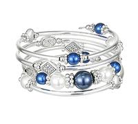 FULU AUTUMN Silver Bangle Pearl Stacking Bracelets Boho Handmade Wrap Bracelet Fashion Jewellery Gift for Women(18-Blue)
