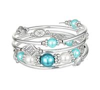FULU AUTUMN Silver Bangle Pearl Stacking Bracelets Boho Handmade Wrap Bracelet Fashion Jewellery Gift for Women(18-Sea green)
