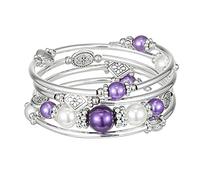 FULU AUTUMN Silver Bangle Pearl Stacking Bracelets Boho Handmade Wrap Bracelet Fashion Jewellery Gift for Women(18-Purple)