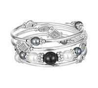 FULU AUTUMN Silver Bangle Pearl Stacking Bracelets Boho Handmade Wrap Bracelet Fashion Jewellery Gift for Women(18-Black)