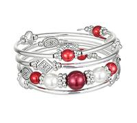 FULU AUTUMN Silver Bangle Pearl Stacking Bracelets Boho Handmade Wrap Bracelet Fashion Jewellery Gift for Women(18-Red)