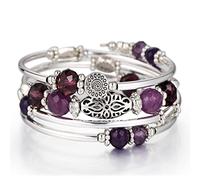 FULU AUTUMN Silver Beaded Bangle Bracelet for Women Handmade Boho Stacking Wrap Bracelet with Crystal Beads Costume Fashion Jewellery Gifts(Purple)