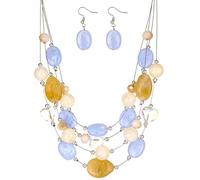 FULU AUTUMN Silver Layered Statement Necklaces for Women Handmade Beaded Necklace Costume Jewellery Birthday Gifts for Women(40-1-Light blue colorful)
