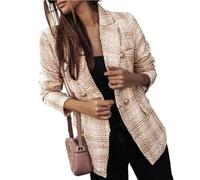 FULUJIDI Cardigan Coat Women Blazer Double-Breasted Plaid Print Lapel Lady Blazer Long Sleeves Thick Warm Business Coat 3Xl Beige