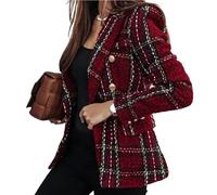 FULUJIDI Cardigan Coat Women Blazer Double-Breasted Plaid Print Lapel Lady Blazer Long Sleeves Thick Warm Business Coat M Red