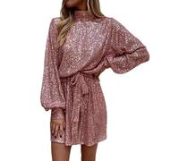 FULUJIDI Dresses For Women Sequined Dress Solid Color O-Neck Long Sleeve Lace Up Lady Short Dress Waist Tie Dress For Parties Weddings S Pink
