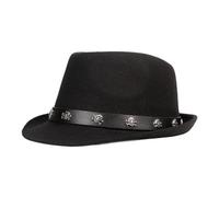 FULUJIDI Fedora Trilby Felt Hats Classic Top Hat Men Short Fedora Hat With Skull Belt Panama Vintage Gentleman Cap 56To58Cm Black