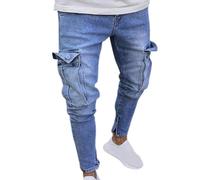 FULUJIDI Jeans Pants Denim Men Jeans Pants Cotton Denim Trousers Multi Pocket Cargo Pants Pencil Pants Side Pockets Cargo Pants L Lightblue