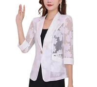 FULUJIDI Suit Jackets Blazers 3/4 Sleeves Jacket Women Thin Summer Lapel See-Through Flower Mesh Yarn One Button Pockets Suit 5Xl White