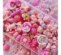 FULUSODO 60pcs Slime Charms Cute Set,Pink Bulk Mixed Resin Charms Set Ornament Scrapbooking