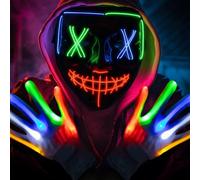 Fulybao Halloween Purge Mask, Scary Led Halloween Masks, 3 Modes Light UP Mask & 6 Modes Glow Gloves, The Purge Costume for Men Women Kids, Cosplay Horror Props Party Gifts