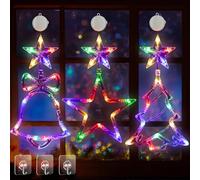 Fulybao LED Christmas Window Light, 3Pcs Hanging Multicolored Window Christmas Lights with Stars, Christmas Tree, Bell, Battery Powered & Timer, Outdoor Indoor Party Shop Window Xmas Decorations