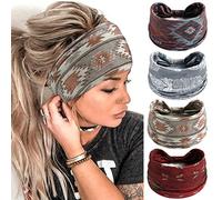 FULZTEY Boho Headbands for Women Vintage Elastic Fabric Printed Hair Bands Workout Wide Knot Sweatbands Soft Cotton Headwraps Yoga Running Hair Accessories for Women Girls 4Pcs