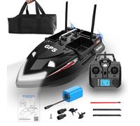 FUMENG Dual Antennas 4 Hoppers Wireless Smart Bait Boat Large Capacity Loading GPS Position Auto Cruise Fishing RC Bait Boat, (V802-Black-12000MAH)