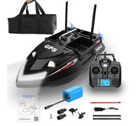 FUMENG Dual Antennas 4 Hoppers Wireless Smart Bait Boat Large Capacity Loading GPS Position Auto Cruise Fishing Bait Boat, (V802-Black-12000MAH)