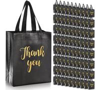 Fumete 100 Pcs Black Glossy Thank You Gift Bag with Handles 8 x 4 x 10 Inch Non Woven Reusable Gift Bags for Graduation Fathers Day Wedding Birthday Party Engagement Anniversary Holidays
