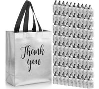 Fumete 100 Pcs Silver Glossy Thank You Gift Bag with Handles 8 x 4 x 10 Inch Non Woven Reusable Gift Bags for Graduation Fathers Day Wedding Birthday Party Engagement Anniversary Holidays