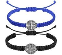 Fumete 2 Pcs Catholic Bracelets Saint Benedict Medal Gifts Adjustable String Bracelets Religious Gifts for Men Women Birthday Holiday, 16.5 cm (6.5 inches) to 27.9 cm (11 inches), Aluminum, Agate