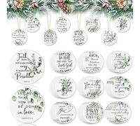 Fumete 36 Pcs Religious Christmas Ornaments Ceramic Christian Ornaments for Christmas Tree Bible Verse Ornaments Inspirational Quote Botanical Plant Green Leaves Round Flat Ornament Church Gift