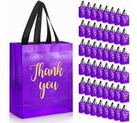 Fumete 50 Pcs Valentine Glossy Thank You Gift Bag with Handles 8 x 4 x 10 Inch Non Woven Reusable Gift Bags with Glossy Finish for Wedding Birthday Partys Engagements Anniversaries Holiday(Purple)