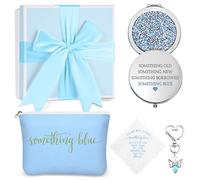 Fumete Set of 5 Something Blue Wedding Gift for Bride: Embroidered Handkerchief, Angel Bouquet Charm, Diamond Compact Mirror, Cosmetic Bag, Blue Raffia Gift Box