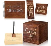 Fumete Wooden Funeral Guest Book Set for Memorial Service Celebration of Life Table Sign Pen and Pen Holder Share a Memory Box with 60pcs Card for Funeral Guests Sign(Retro Color)