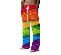 FUMOOD Mens Casual Pants Cotton Linen Tapered Leg Drawstring Rainbow Color Loose Fit Summer Plus Size Yoga Beach Pants Fashion 3D Printed Lounge Trousers with Pockets