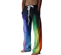FUMOOD Mens Casual Pants Cotton Linen Tapered Leg Drawstring Rainbow Color Loose Fit Summer Plus Size Yoga Beach Pants Fashion 3D Printed Lounge Trousers with Pockets