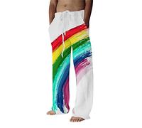 FUMOOD Mens Casual Pants Cotton Linen Tapered Leg Drawstring Rainbow Color Loose Fit Summer Plus Size Yoga Beach Pants Fashion 3D Printed Lounge Trousers with Pockets