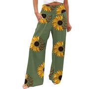 FUMOOD Palazzo Pants for Women High Waist Sunflower Printed Wide Leg Lightweight Lounge Casual Flowy Pants Stretch Boho Summer Beach Yoga Athletic Long Trousers