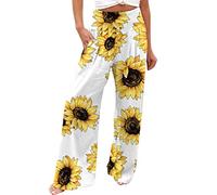 FUMOOD Palazzo Pants for Women High Waist Sunflower Printed Wide Leg Lightweight Lounge Casual Flowy Pants Stretch Boho Summer Beach Yoga Athletic Long Trousers White