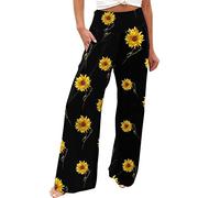 FUMOOD Palazzo Pants for Women High Waist Sunflower Printed Wide Leg Lightweight Lounge Casual Flowy Pants Stretch Boho Summer Beach Yoga Athletic Long Trousers Black