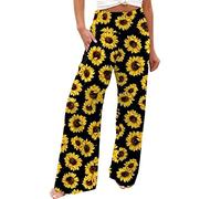 FUMOOD Palazzo Pants for Women High Waist Sunflower Printed Wide Leg Lightweight Lounge Casual Flowy Pants Stretch Boho Summer Beach Yoga Athletic Long Trousers Yellow