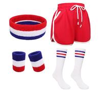 Fumwase 6Pcs 80s Workout Costume Outfit Set Running Shorts Sweatband Wristbands Striped-Tube Socks for Men Halloween Cosplay, Red, Blue, White, L