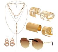 Fumwase 7PCS 70s Disco Accessories Set for Women Sunglasses Coil Bracelets Layered Necklace Triple Swirl Earrings for Adult, Gold, One Size