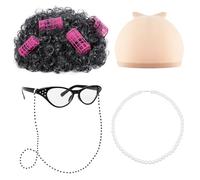 Fumwase Old Lady Wig Grandma with Curlers 100 Days School Costume Glasses Wig Cap Glasses Chain Pearl Necklace Grandma Costume Curly Accessories (Dark Grey)