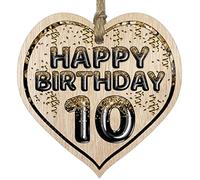 Fun 10th Birthday Gift For Boys Girls Wooden Heart Plaques - Foil Age - 10 - Light Wood Sign Keepsake, Happy Birthday Plaque for Son Daughter Brother Sister Grandson Granddaughter Niece Nephew Cousin