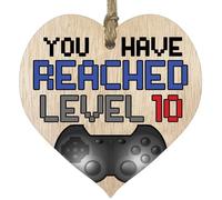 Fun 10th Birthday Gift For Boys Girls Wooden Heart Plaques - Level Up - 10 - Light Wood Sign Keepsake, Happy Birthday Plaque, for Son Daughter Brother Sister Grandson Granddaughter Niece Nephew Cousin