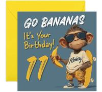 Fun 11th Birthday Card for Boy, Grandson Godson Nephew Son 'Go Bananas' Cool Monkey Skateboard Age Design - Square Card, Blank Inside With Envelope