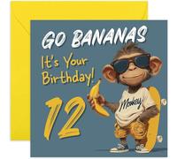 Fun 12th Birthday Card for Boy, Grandson Godson Nephew Son 'Go Bananas' Cool Monkey Skateboard Age Design - Square Card, Blank Inside With Envelope
